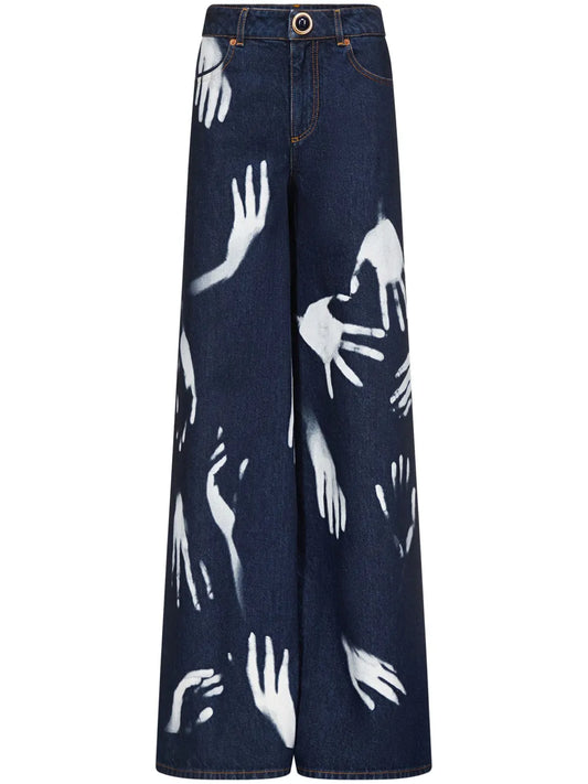 Hand-Print Wide-Leg Jeans