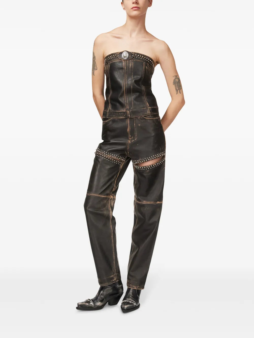 Studded Leather Slit Jeans