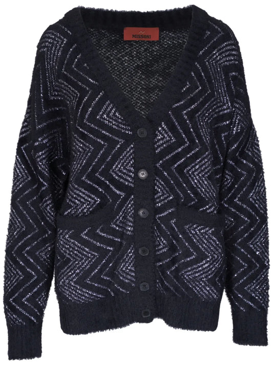 Zigzag-Woven Buttoned Cardigan