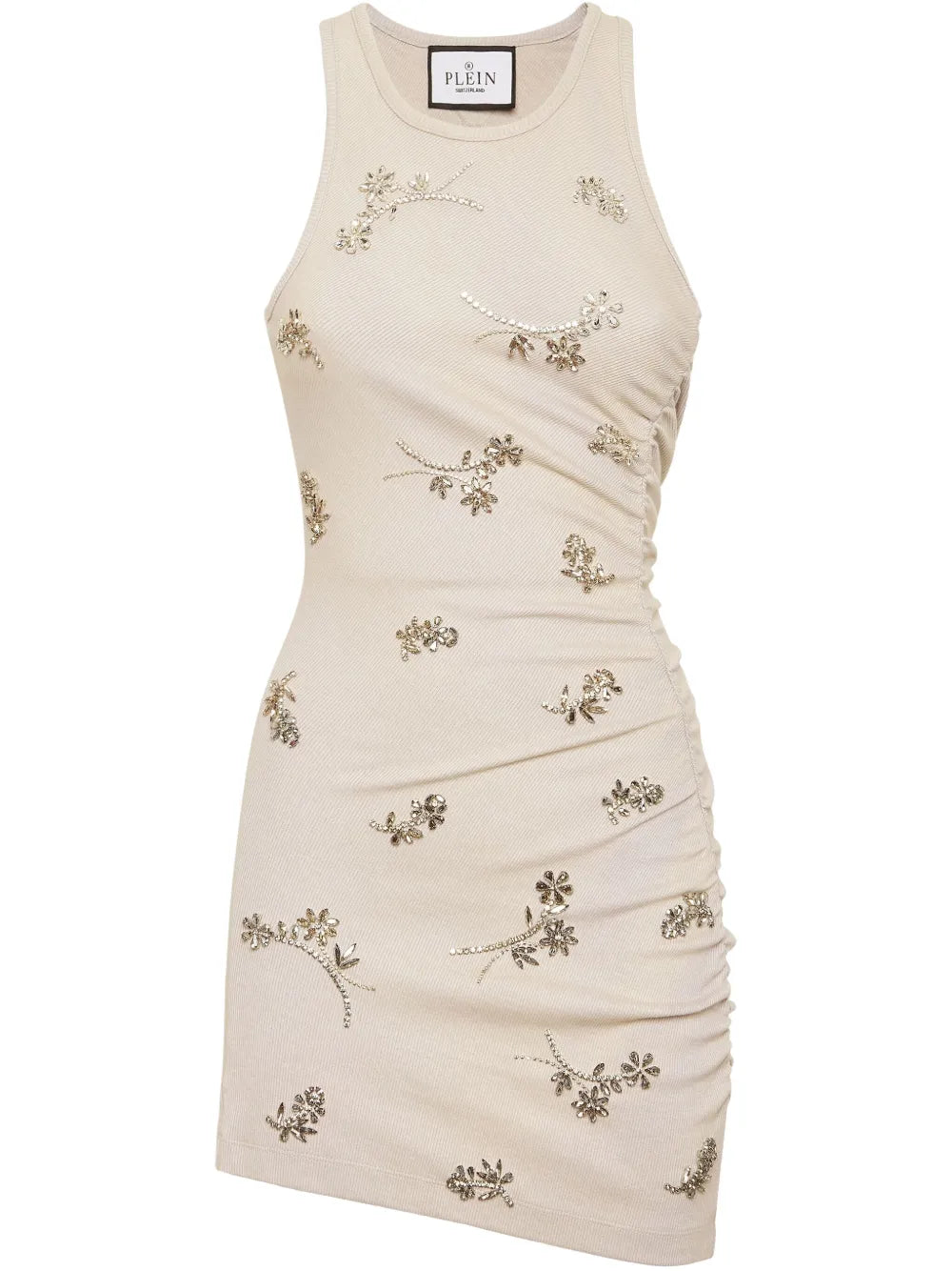 Floral-Embellishment Ribbed Mini Dress