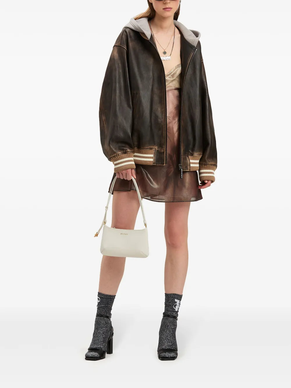 Curved Logo Leather Bomber Jacket