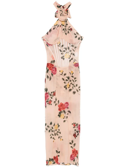 Rose-Print Midi Dress