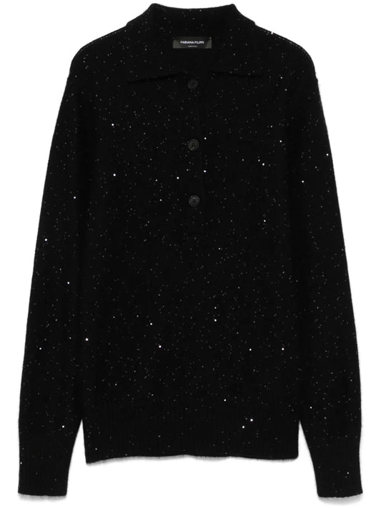 Sequin-Embellished Polo Sweater