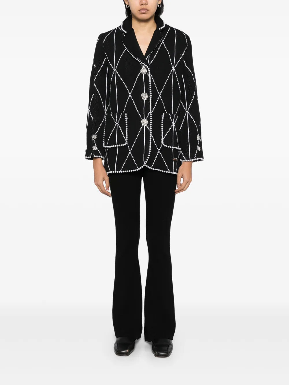 Faux-Pearl Embellished Single-Breasted Blazer
