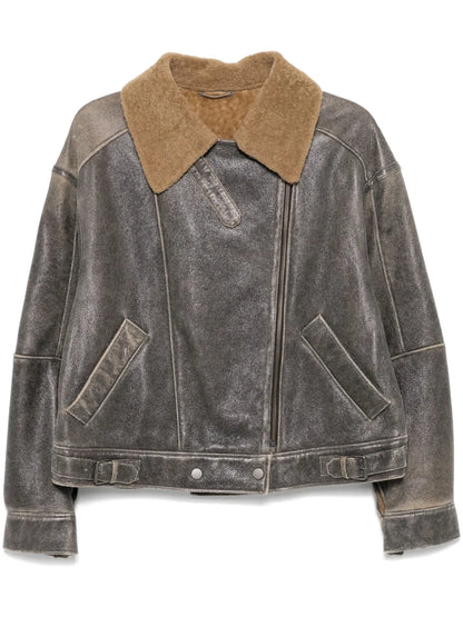 Shearling-Collar Leather Jacket