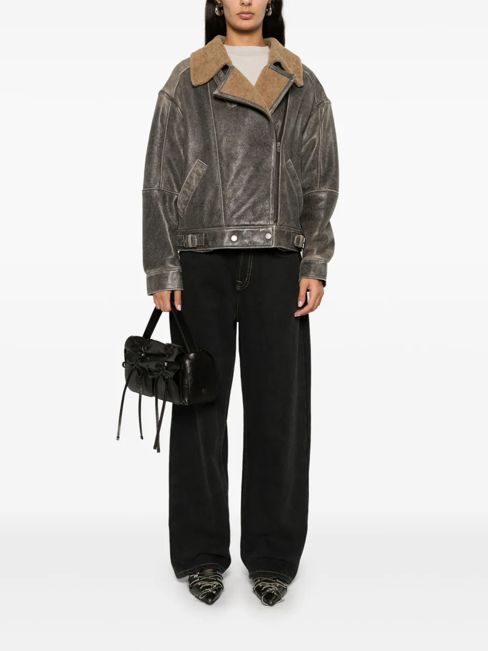 Shearling-Collar Leather Jacket