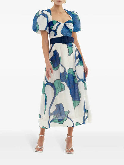 Floral-Print Belted Midi Dress