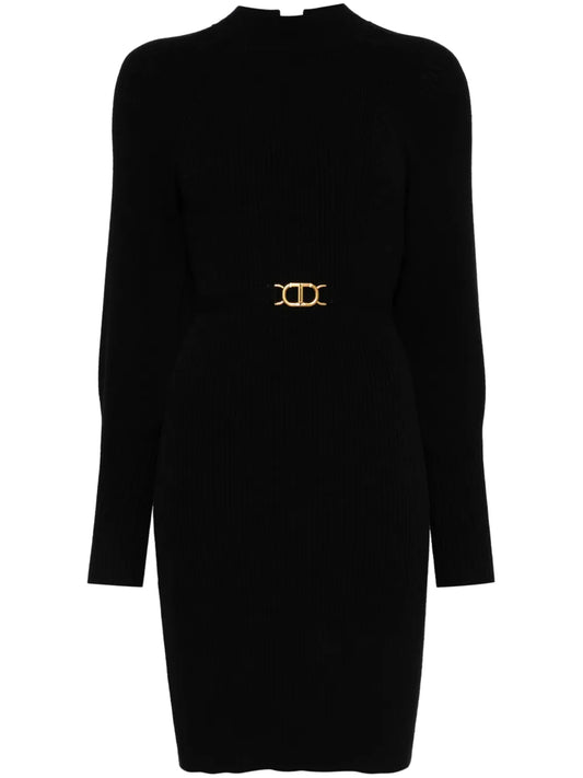 Belted Ribbed-Knit Mini Dress