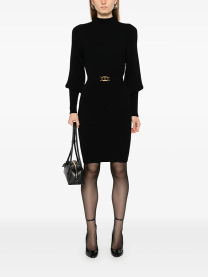 Belted Ribbed-Knit Mini Dress