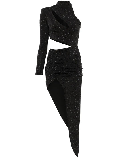 Crystal-Embellished Asymmetric Midi Dress