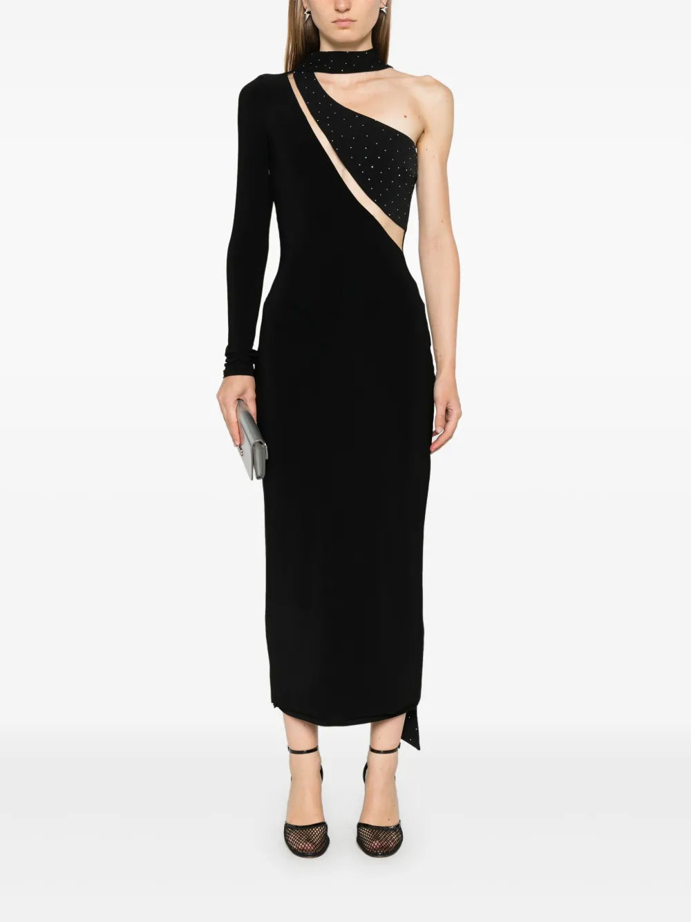 Crystal-Embellished Asymmetric Maxi Dress