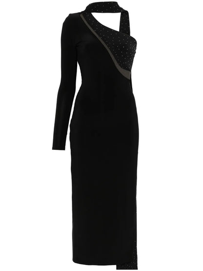 Crystal-Embellished Asymmetric Maxi Dress