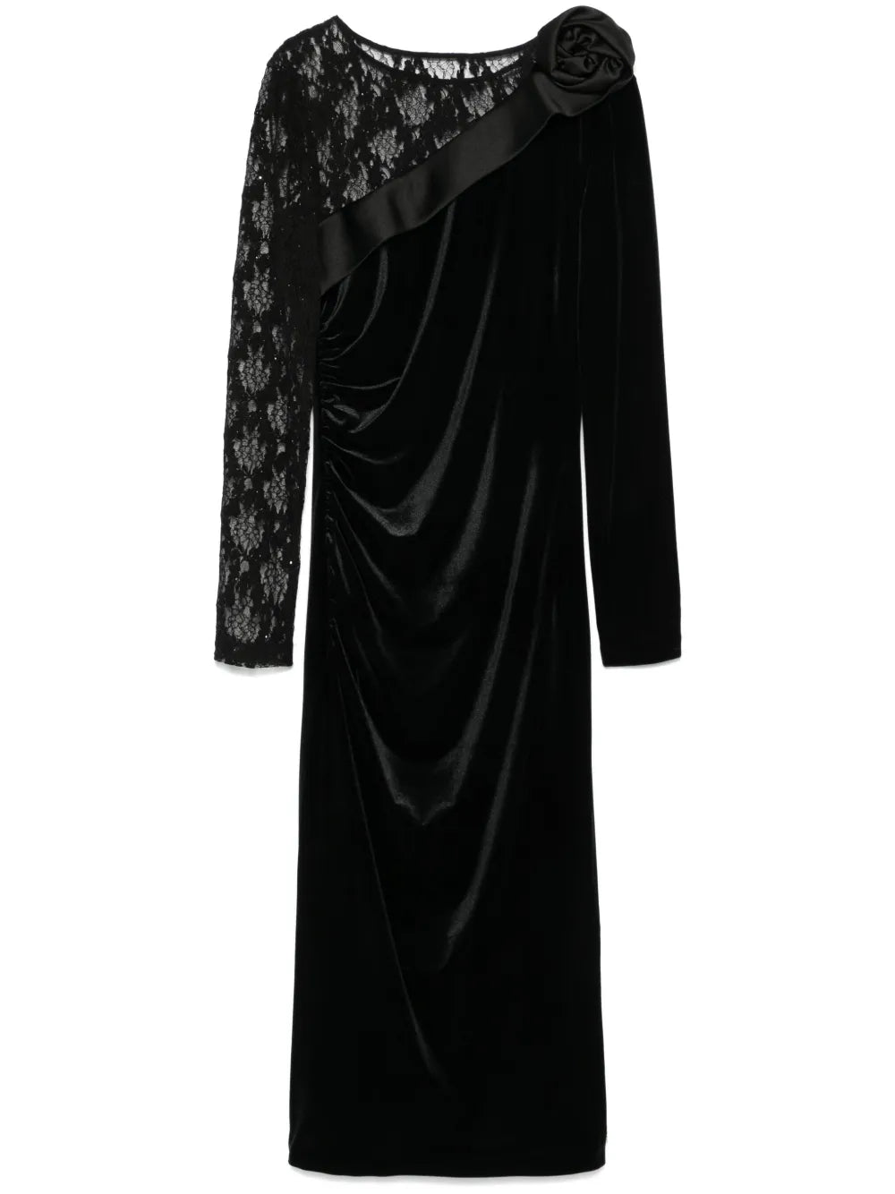 Lace-Insert Velvet Midi Dress