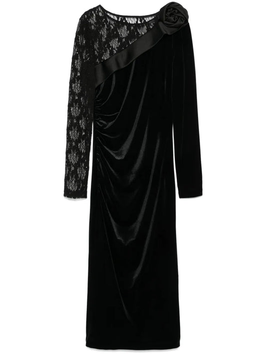 Lace-Insert Velvet Midi Dress