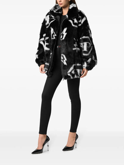 Monogram-Print Faux Fur Coat