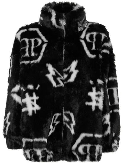 Monogram-Print Faux Fur Coat