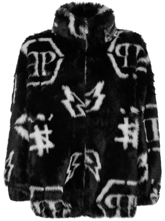 Monogram-Print Faux Fur Coat