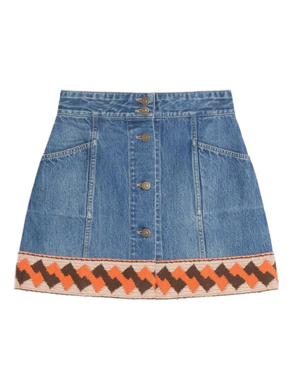 Jacquard-Trim Denim Mini Skirt