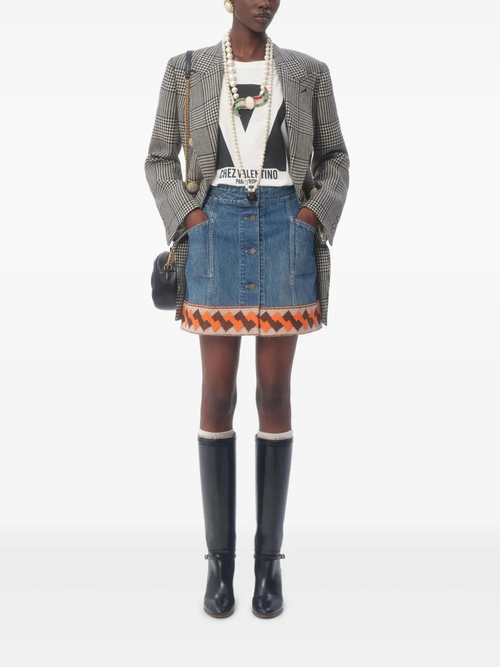 Jacquard-Trim Denim Mini Skirt