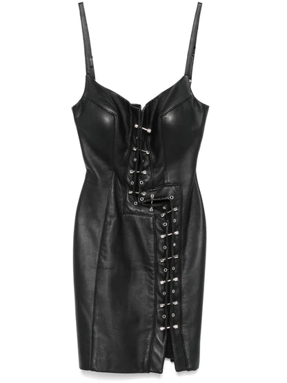 Piercing-Embellished Leather Mini Dress