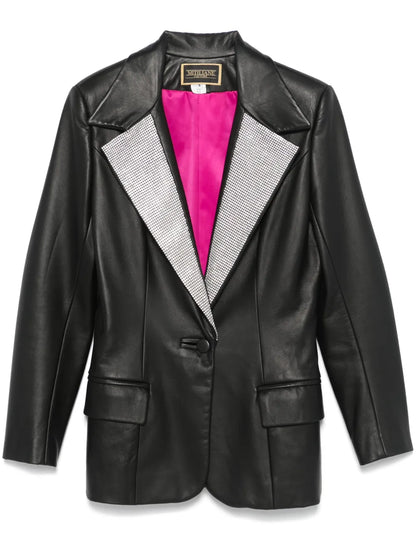 Crystal-Lapels Faux-Leather Blazer