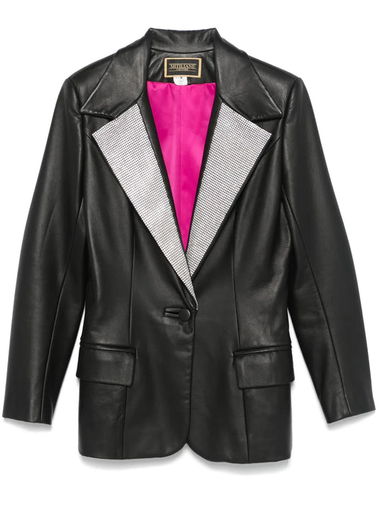 Crystal-Lapels Faux-Leather Blazer