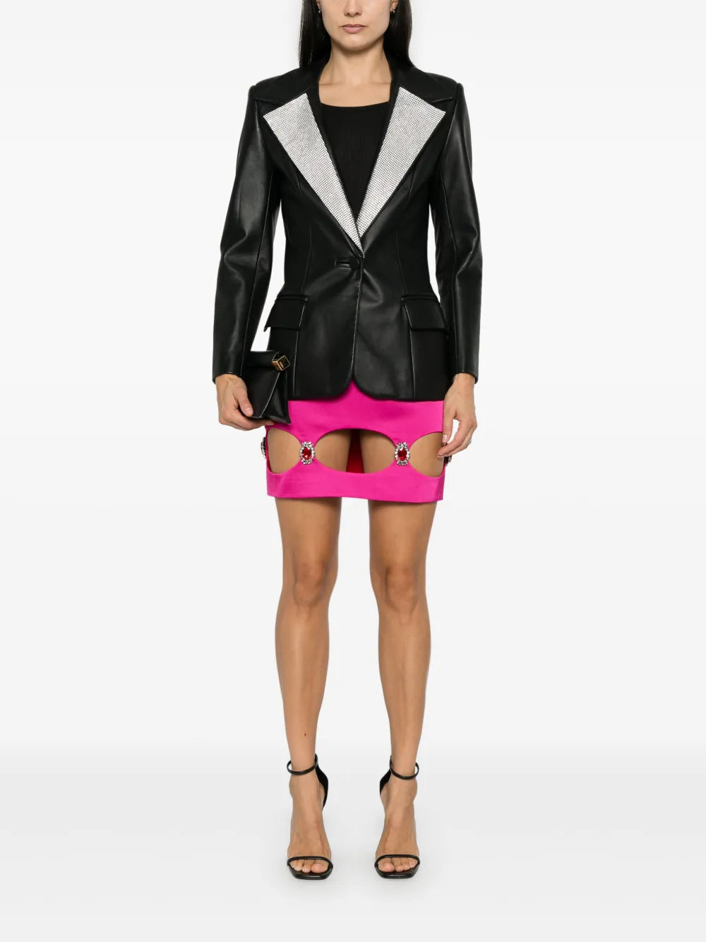 Crystal-Lapels Faux-Leather Blazer