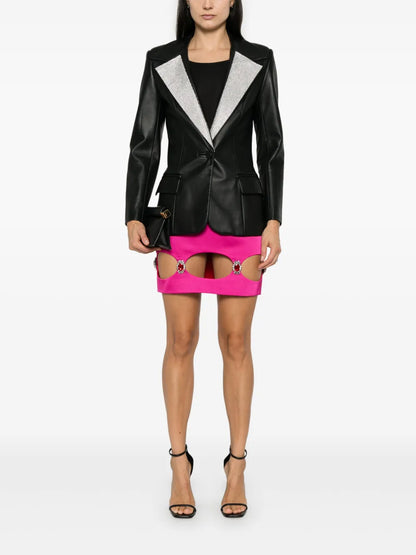 Crystal-Lapels Faux-Leather Blazer