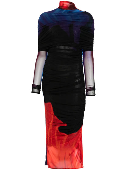 Ruched Sheer Midi Dress