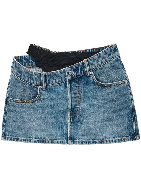 Asymmetric Lace-Detail Denim Skirt