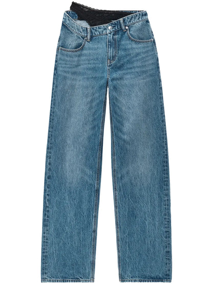 Asymmetrical Waistband Lace Jeans