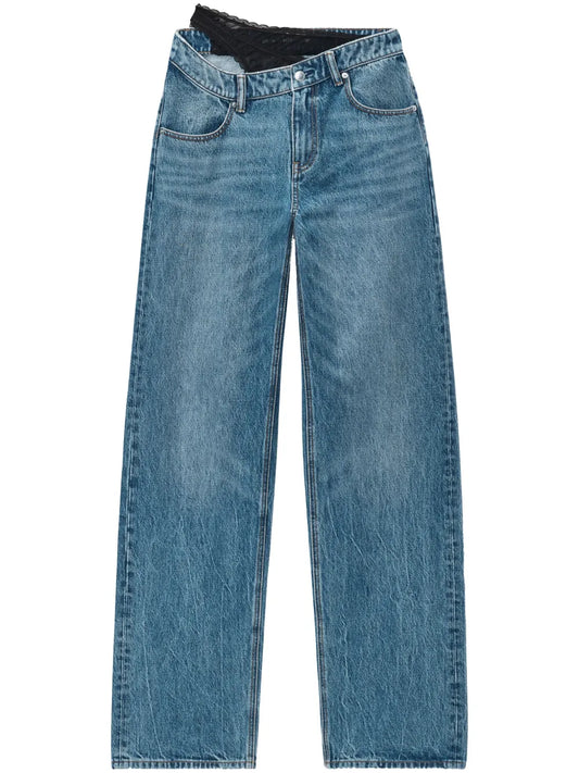 Asymmetrical Waistband Lace Jeans