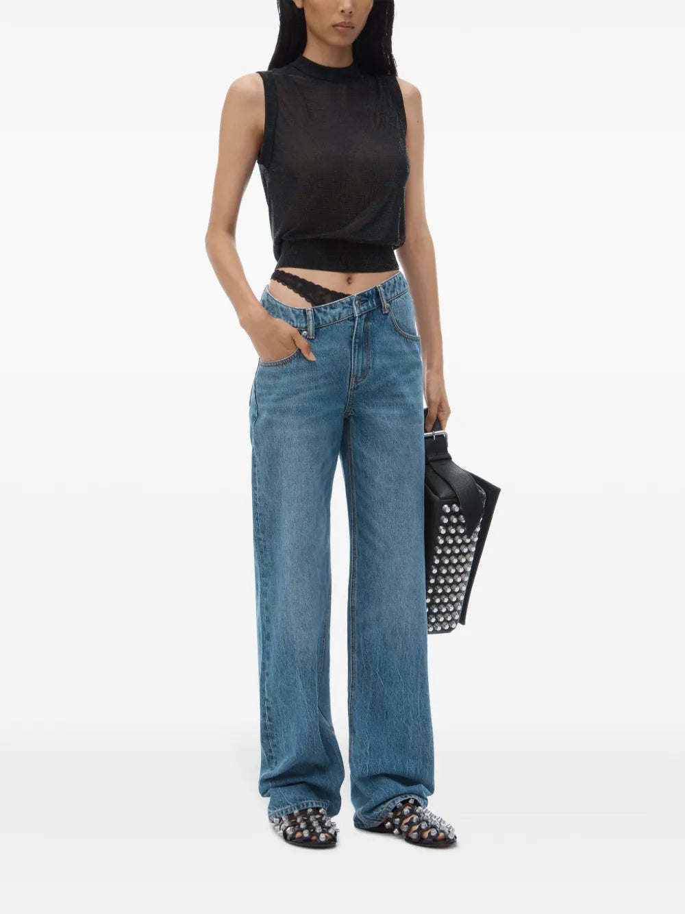 Asymmetrical Waistband Lace Jeans