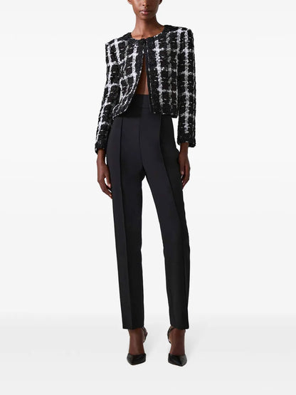 Collarless Checked Tweed Jacket