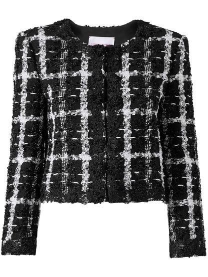 Collarless Checked Tweed Jacket