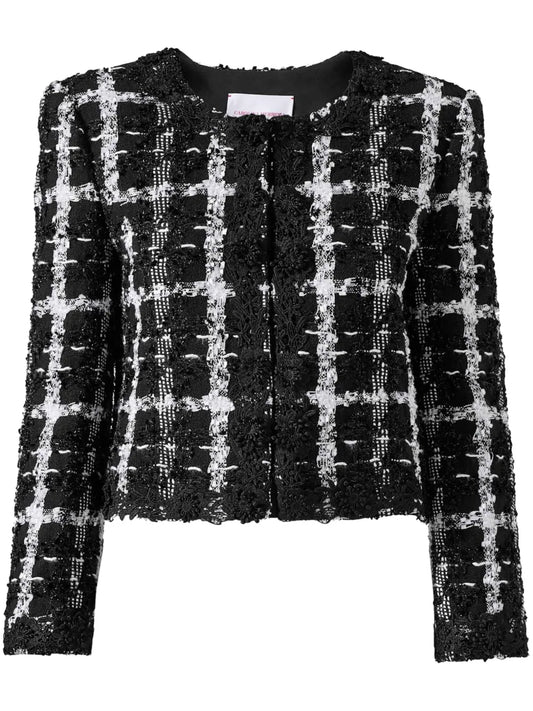 Collarless Checked Tweed Jacket