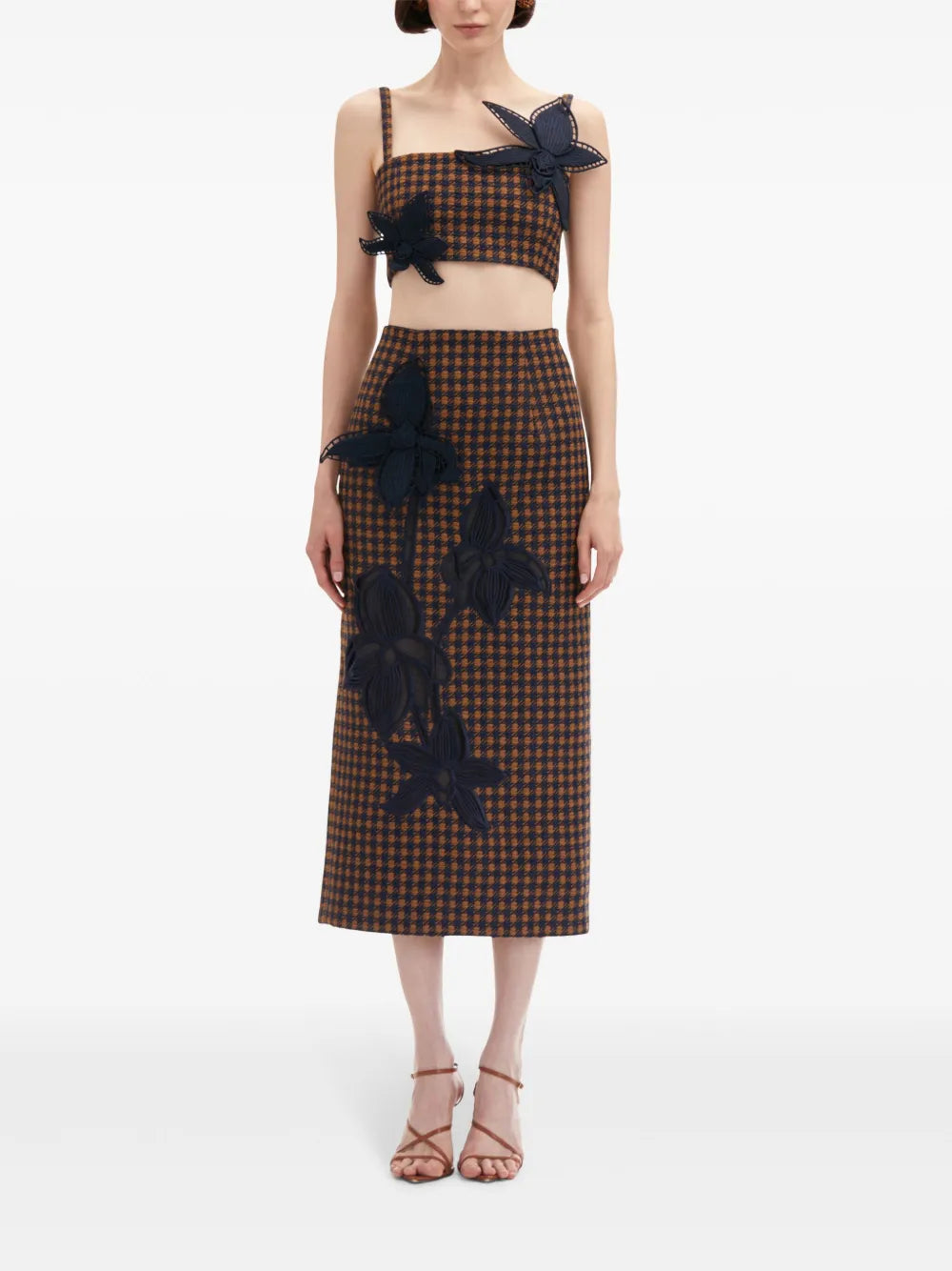 Orchid Embroidered Check-Tweed Pencil Skirt