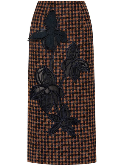 Orchid Embroidered Check-Tweed Pencil Skirt