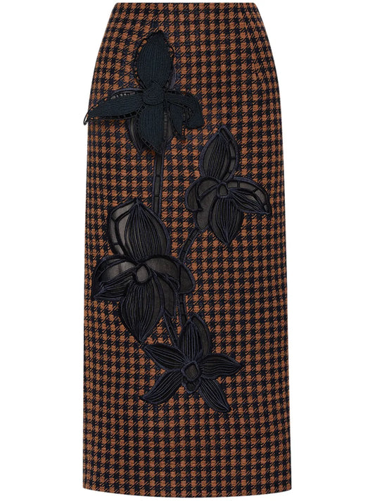 Orchid Embroidered Check-Tweed Pencil Skirt