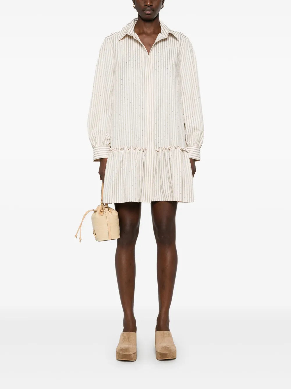 Rhinestone-Embellished Striped Shirt Dress