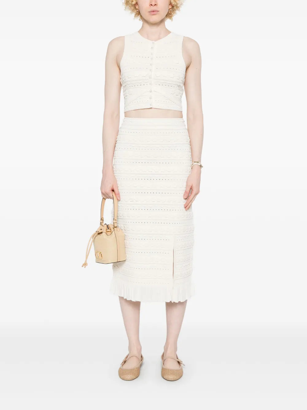 Floral-Appliqué Midi Skirt