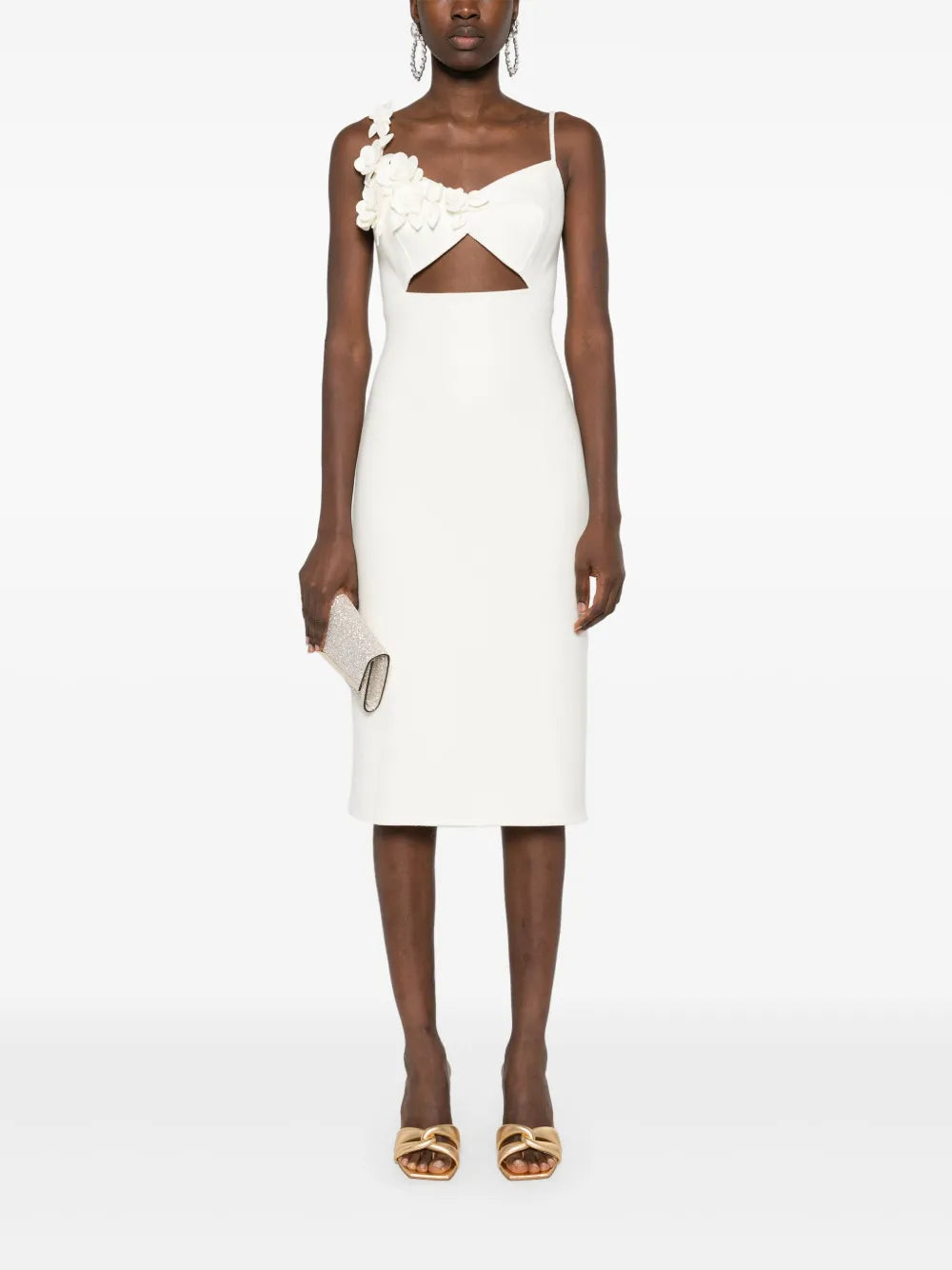 3D Floral-Appliqué Virgin Wool Midi Dress