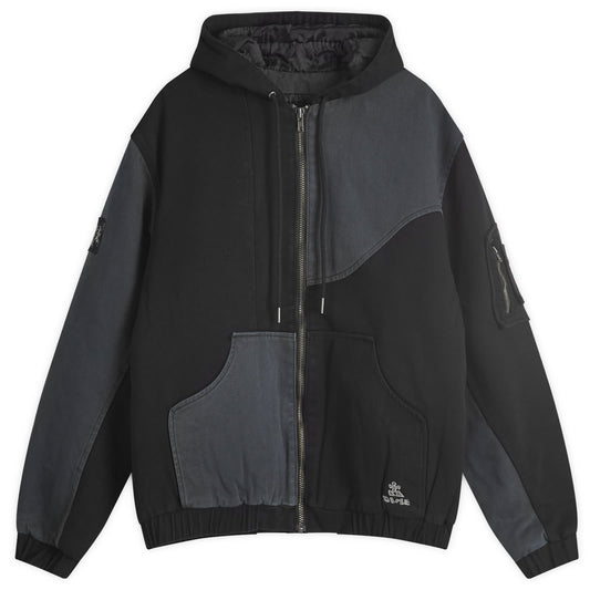 Denim Panel Hooded Bomber Jacket