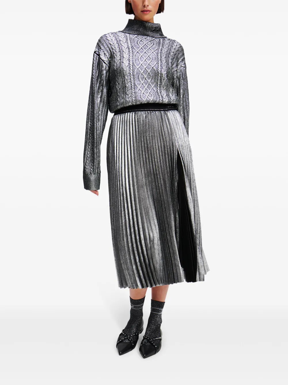 Metallic Pleated Midi Skirt