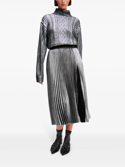 Metallic Pleated Midi Skirt