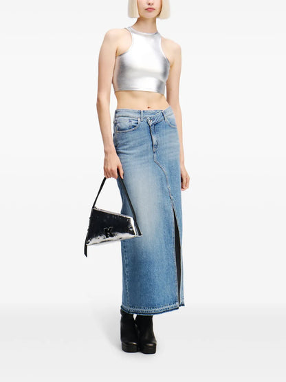 Asymmetric Front Denim Maxi Skirt