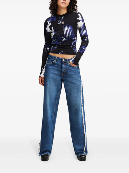 Logo-Patch Fringed Straight-Leg Jeans