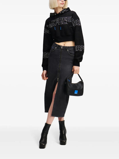 Zip-Front Denim Midi Skirt