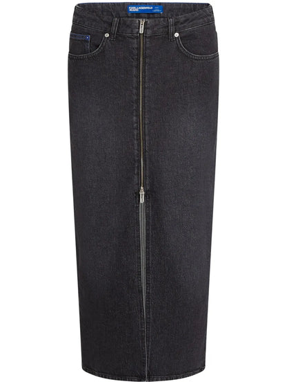 Zip-Front Denim Midi Skirt