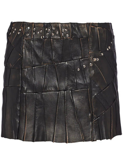 Stud-Embellished Patchwork Mini Skirt